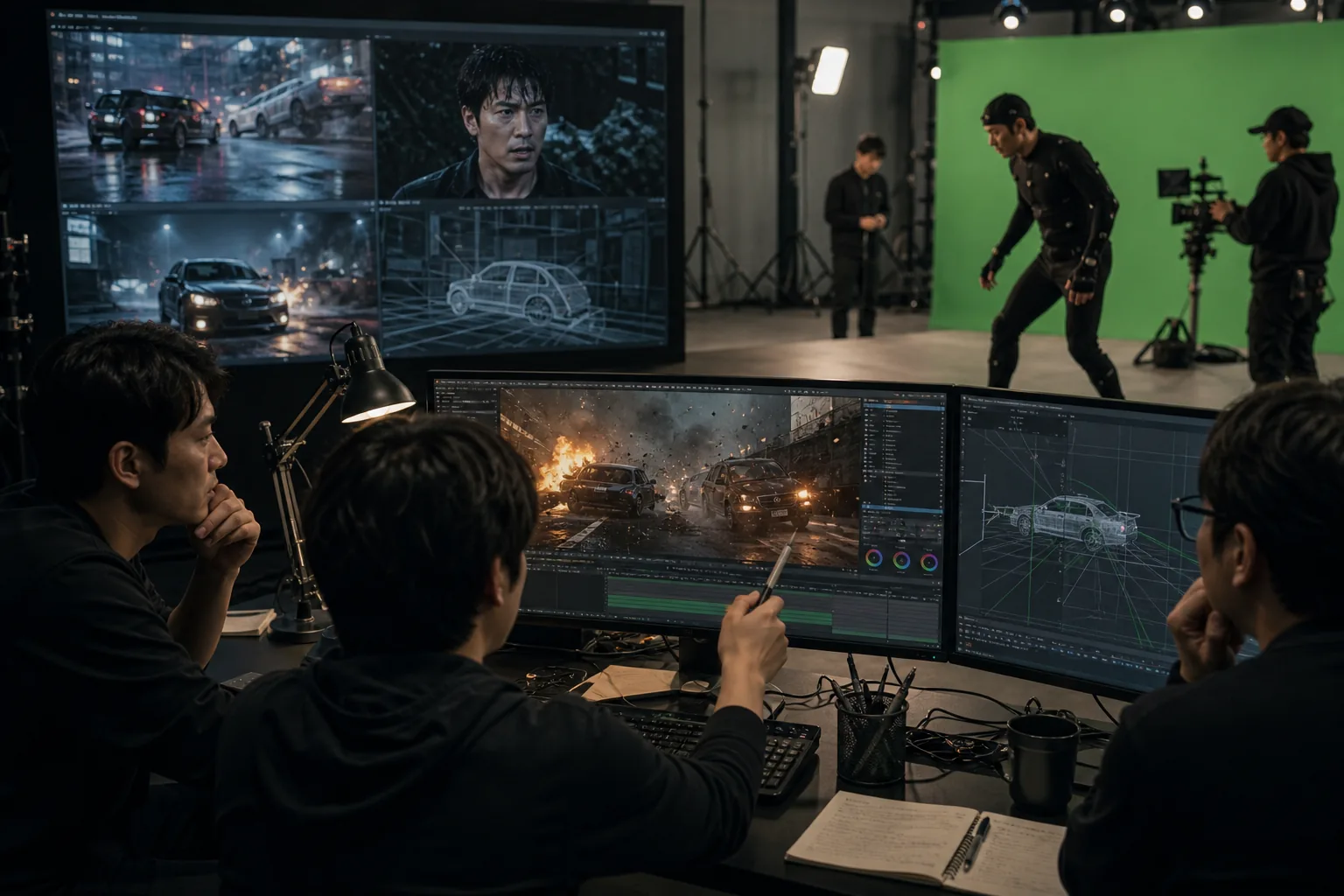 Korean television production team reviewing AI generated action footage