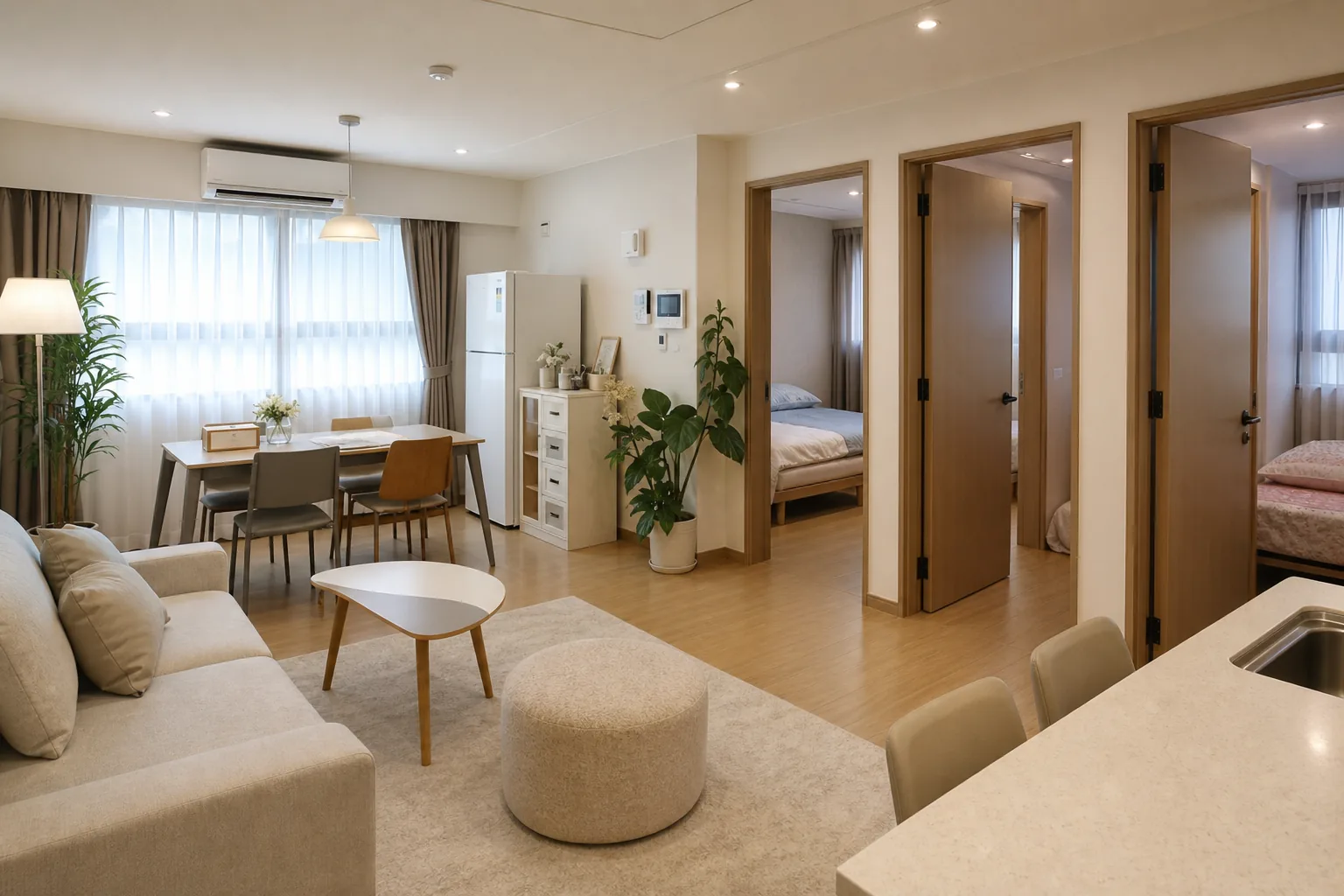 AI editorial image of a clean upgraded K-pop idol dorm with shared living space