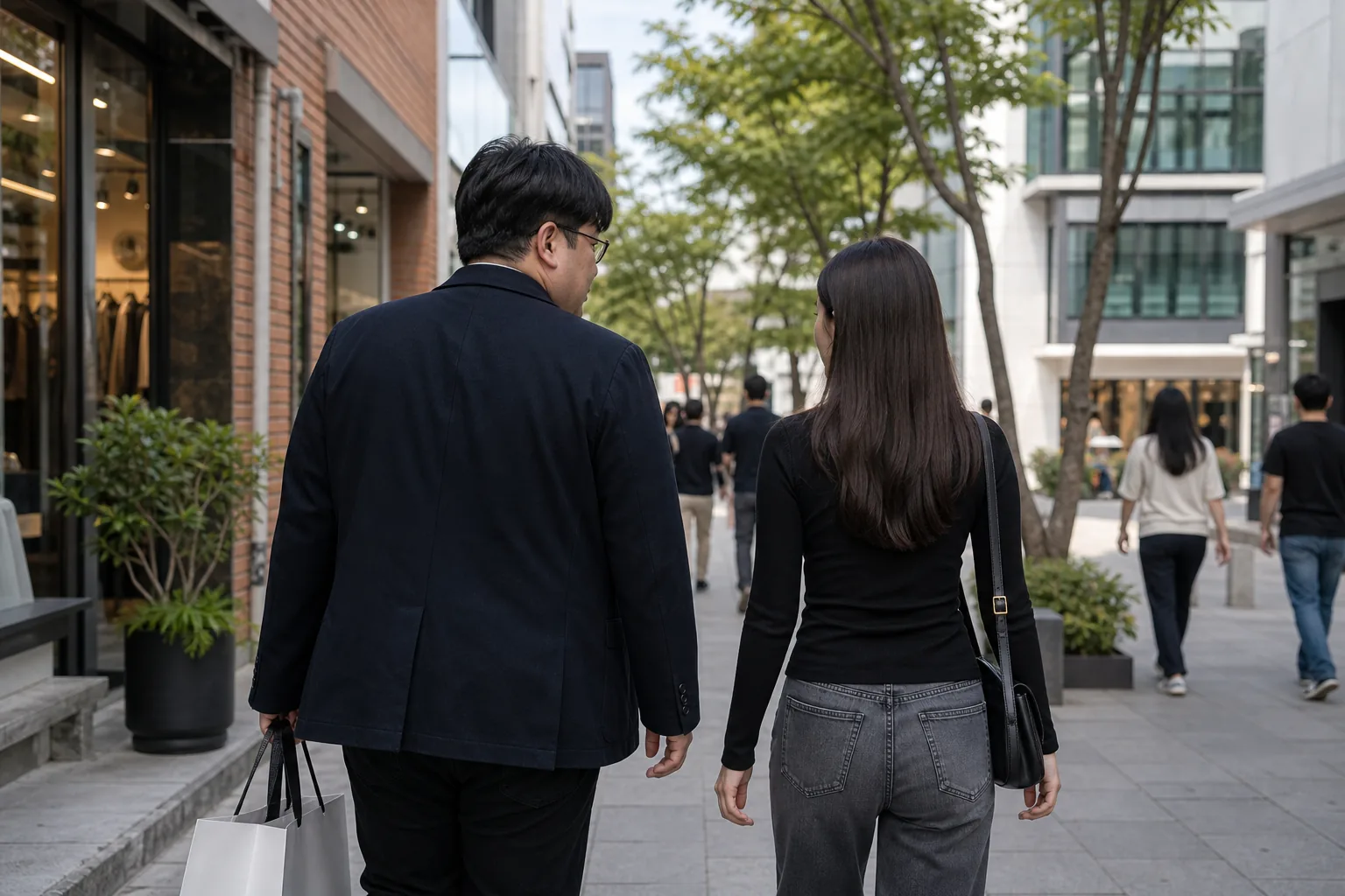 Seongsu shopping district scene illustrating online attention around HYBE founder Bang Si Hyuk