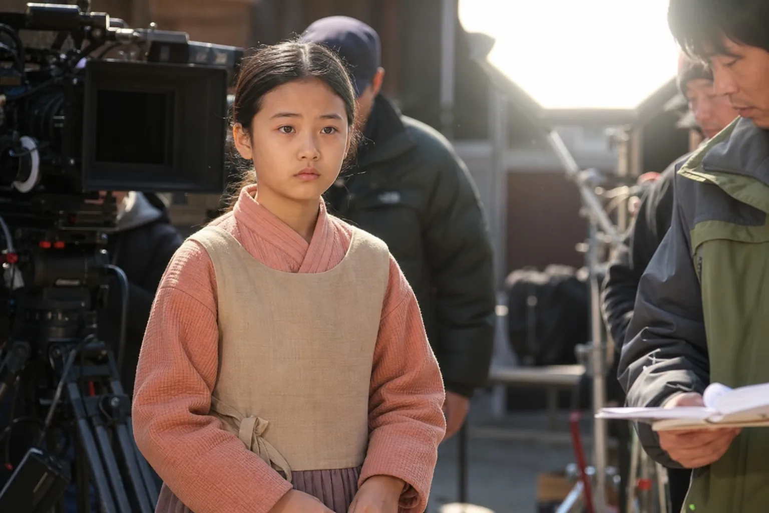 Empty studio chairs and camera lights representing child actors working long shoots