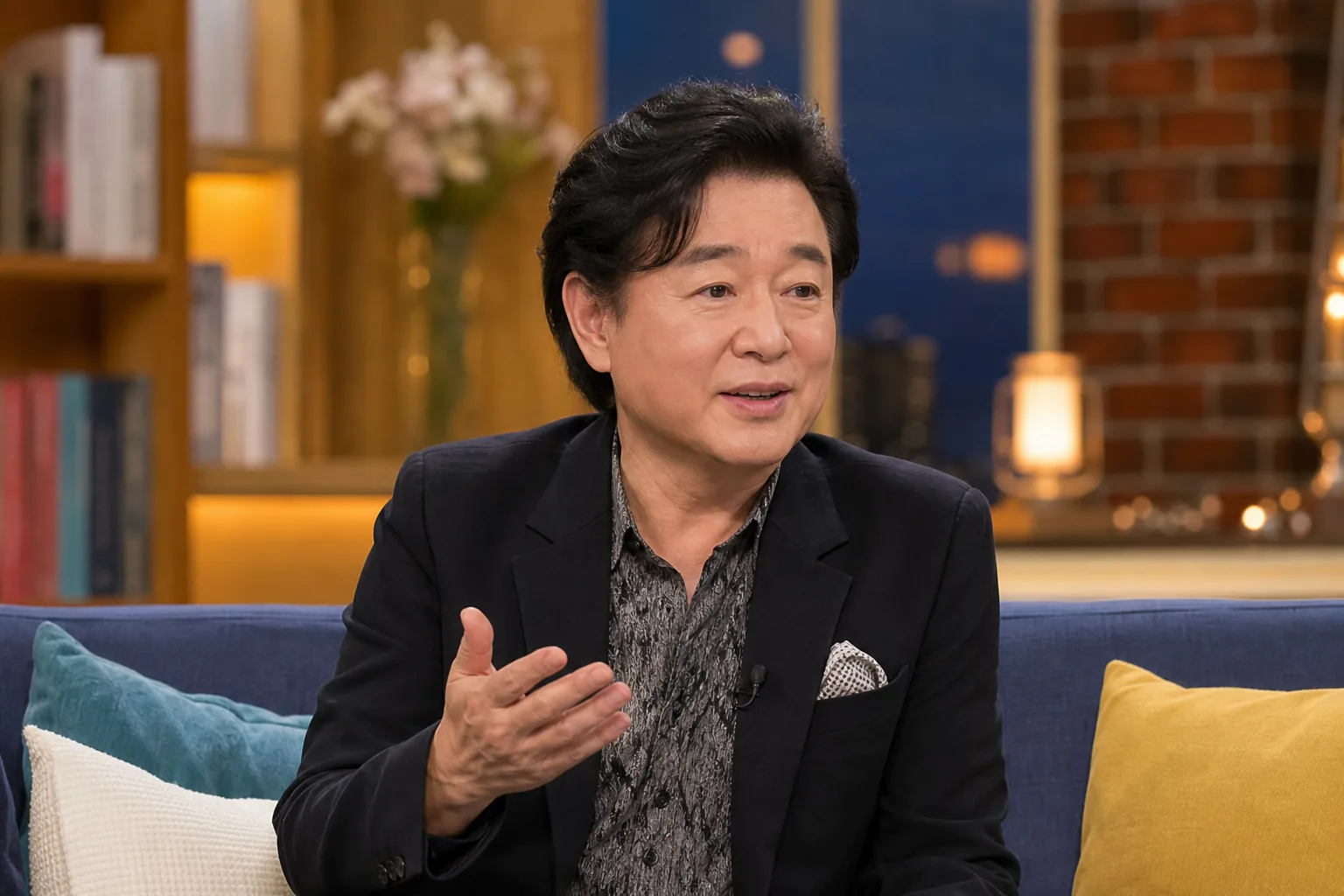 Korean entertainment talk show studio with veteran singers discussing family