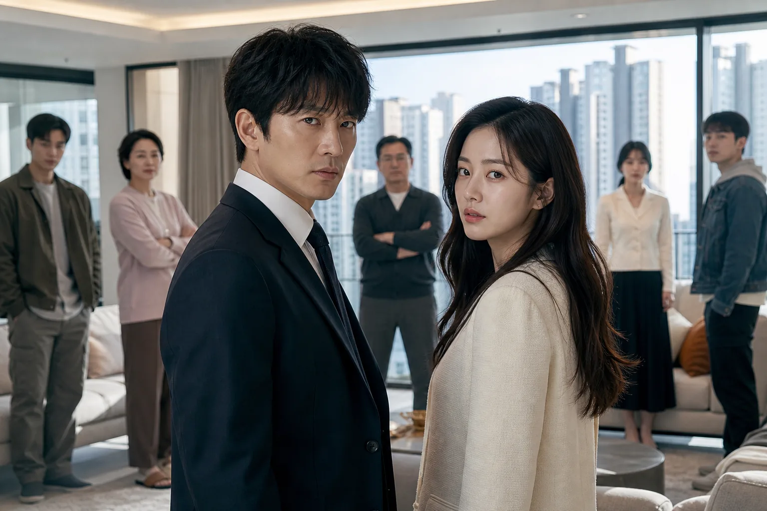 AI editorial image of a Korean drama apartment setting with a tense ensemble atmosphere