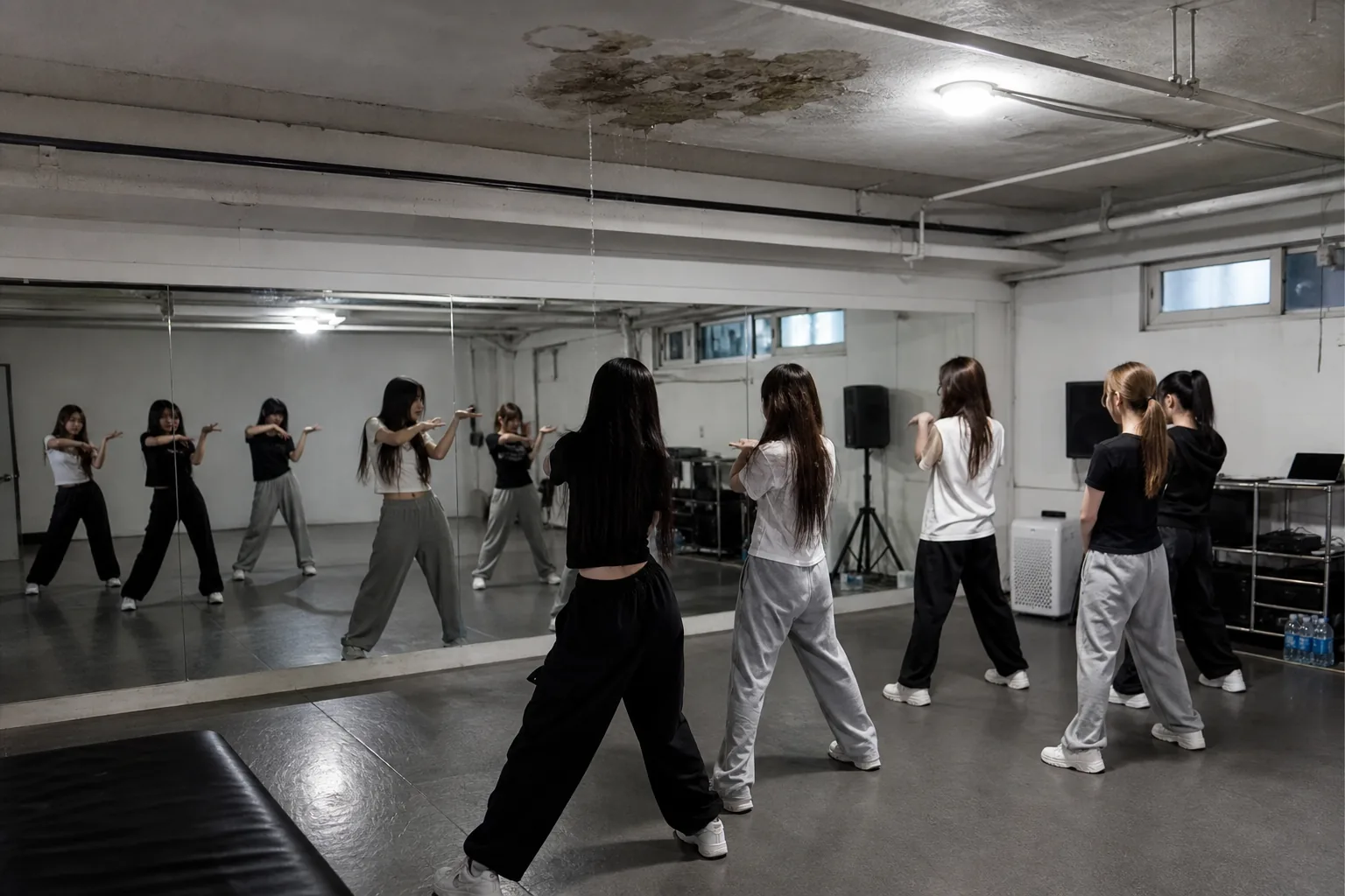 K-pop idol group preparing in a modest practice room