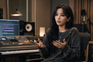 K-pop songwriter working in a modern music studio