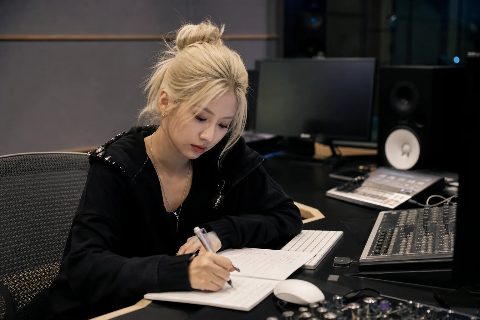 K-pop producer writing under an anonymous alias in a studio