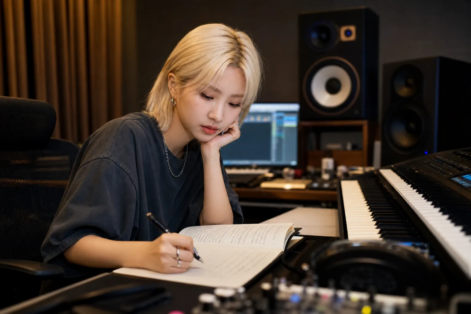 Modern K-pop production desk showing creative experimentation