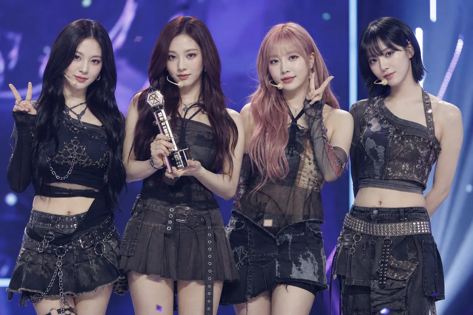 K-pop broadcast lineup with multiple performers under stage lights