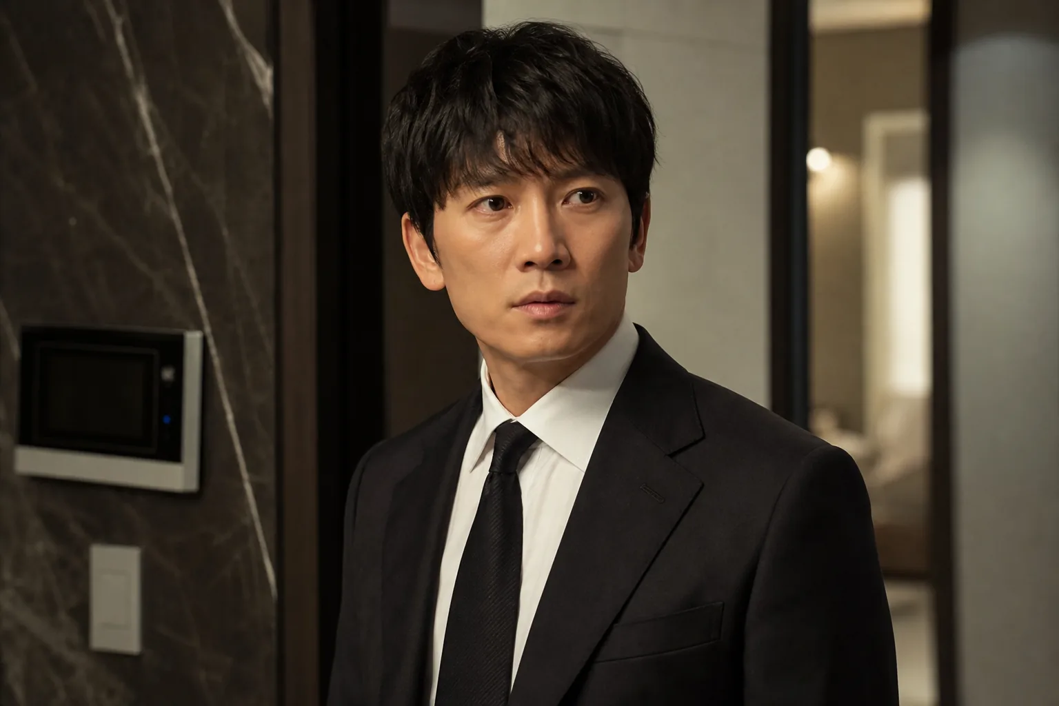 Korean drama premiere night ratings concept with apartment skyline and television studio lights