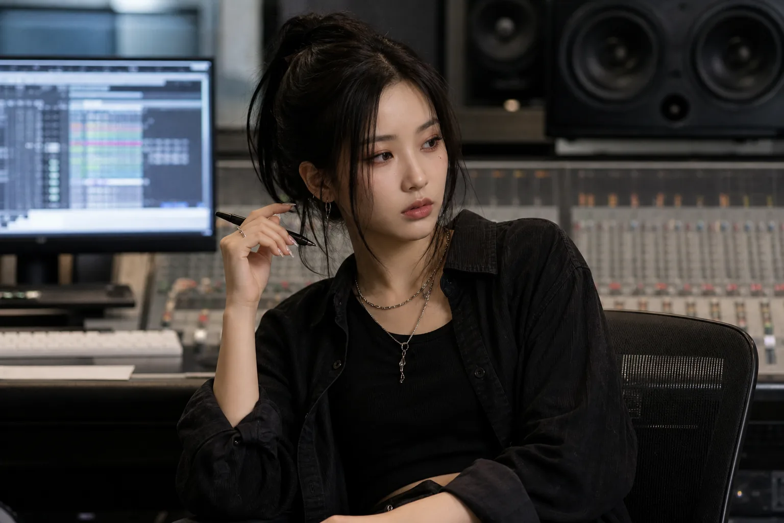 AI-generated music studio scene representing Soyeon's producer identity