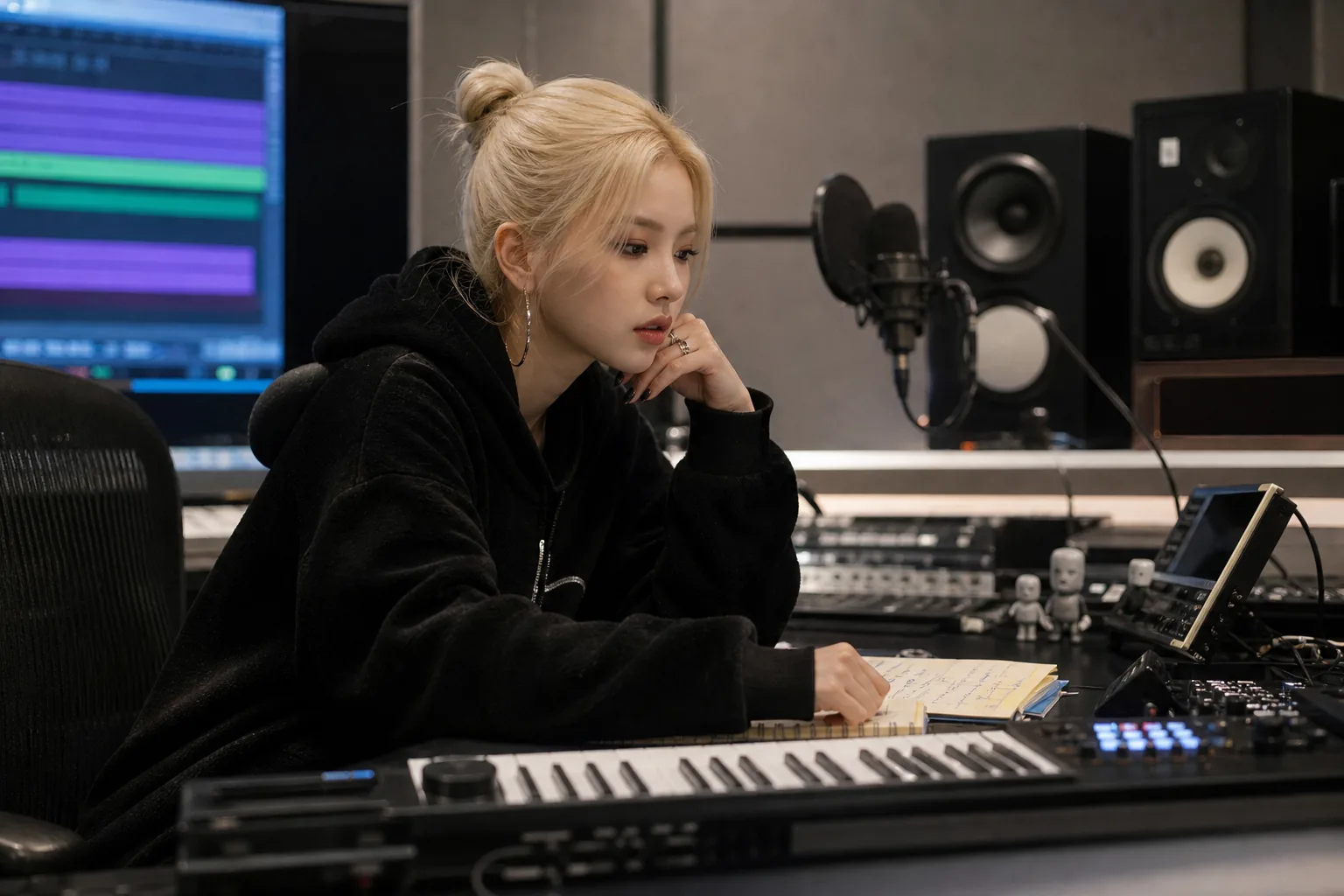 AI-generated image of a songwriter's workspace showing creative reinvention in K-pop