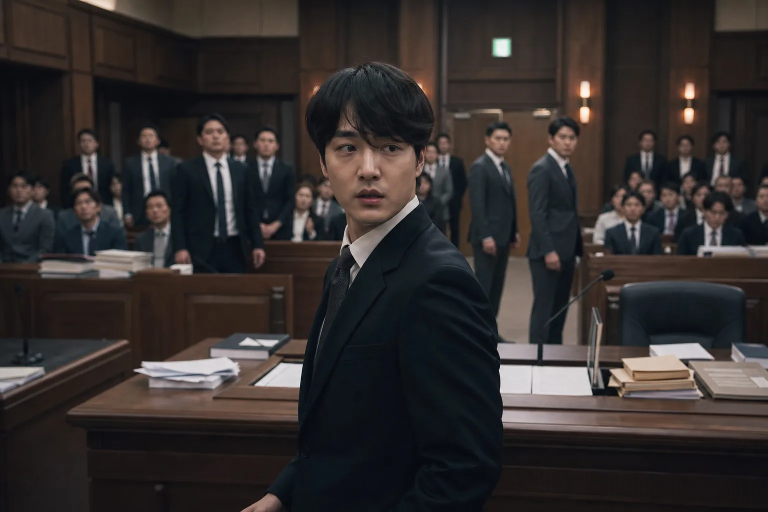 Fearless Korean prosecutor facing supernatural tension in a haunted hallway