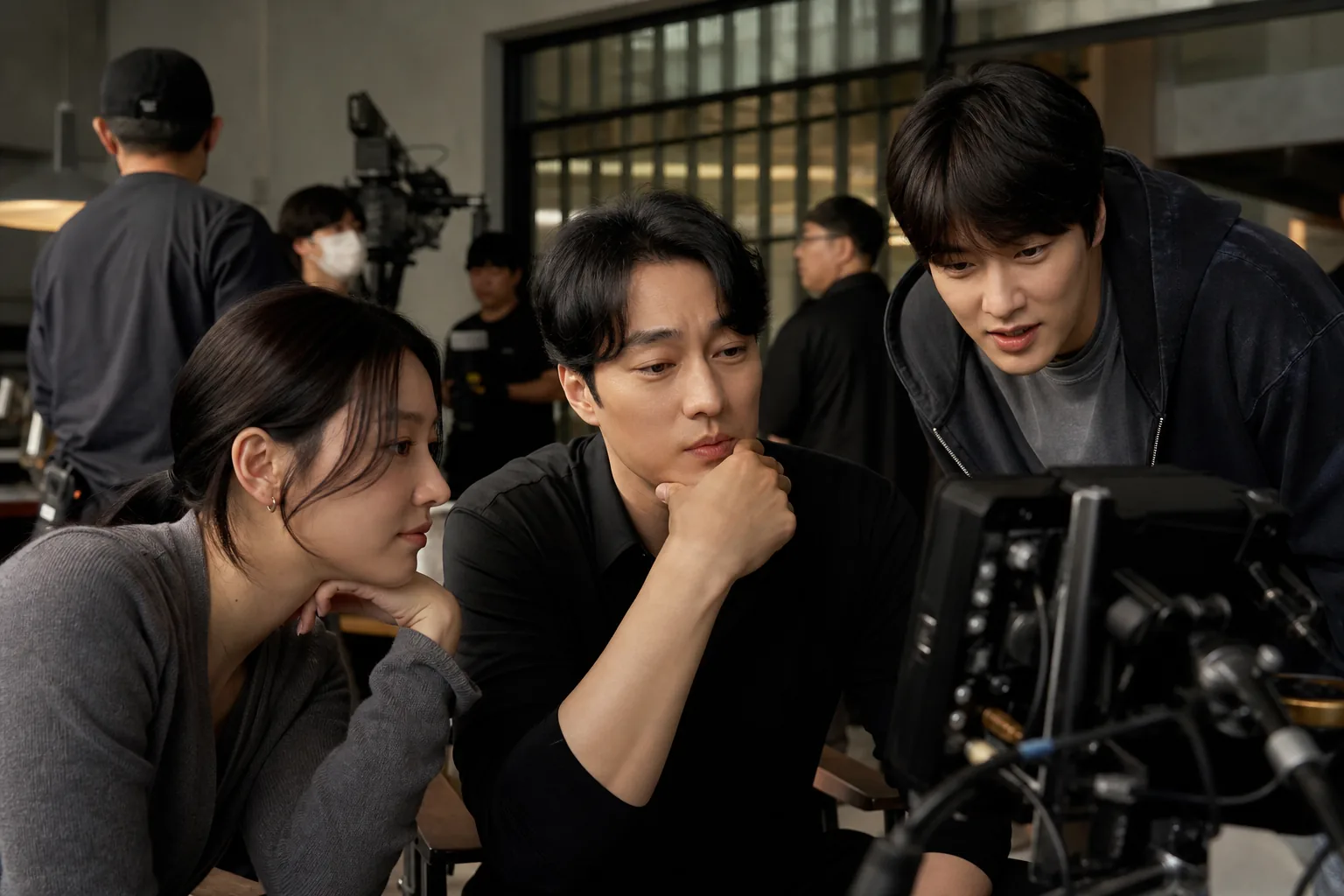 Action scene rehearsal with wires on a Korean drama set