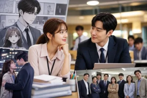 Korean webtoon drama production set representing Kim Manager ratings surge