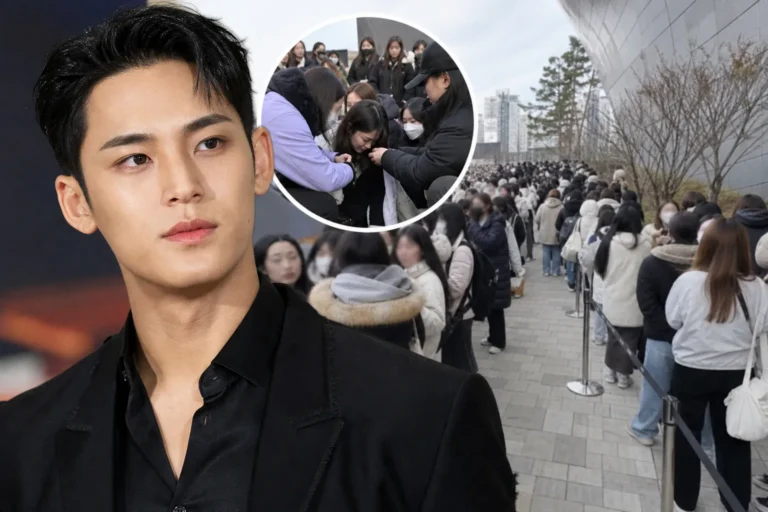 Fans waiting in a long queue for a K-pop event in a city shopping district