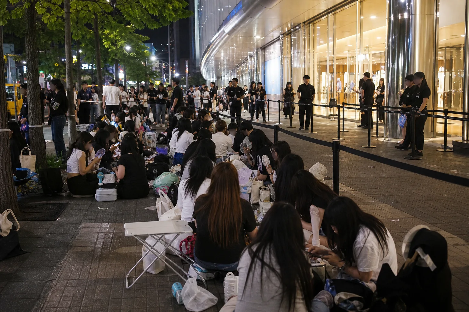 K-pop fans waiting outside a shopping mall for a celebrity appearance