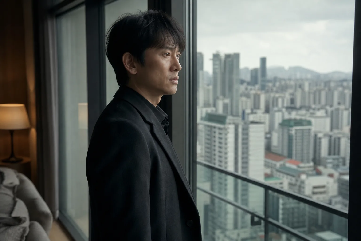 AI editorial image of a Korean apartment complex at night for drama coverage