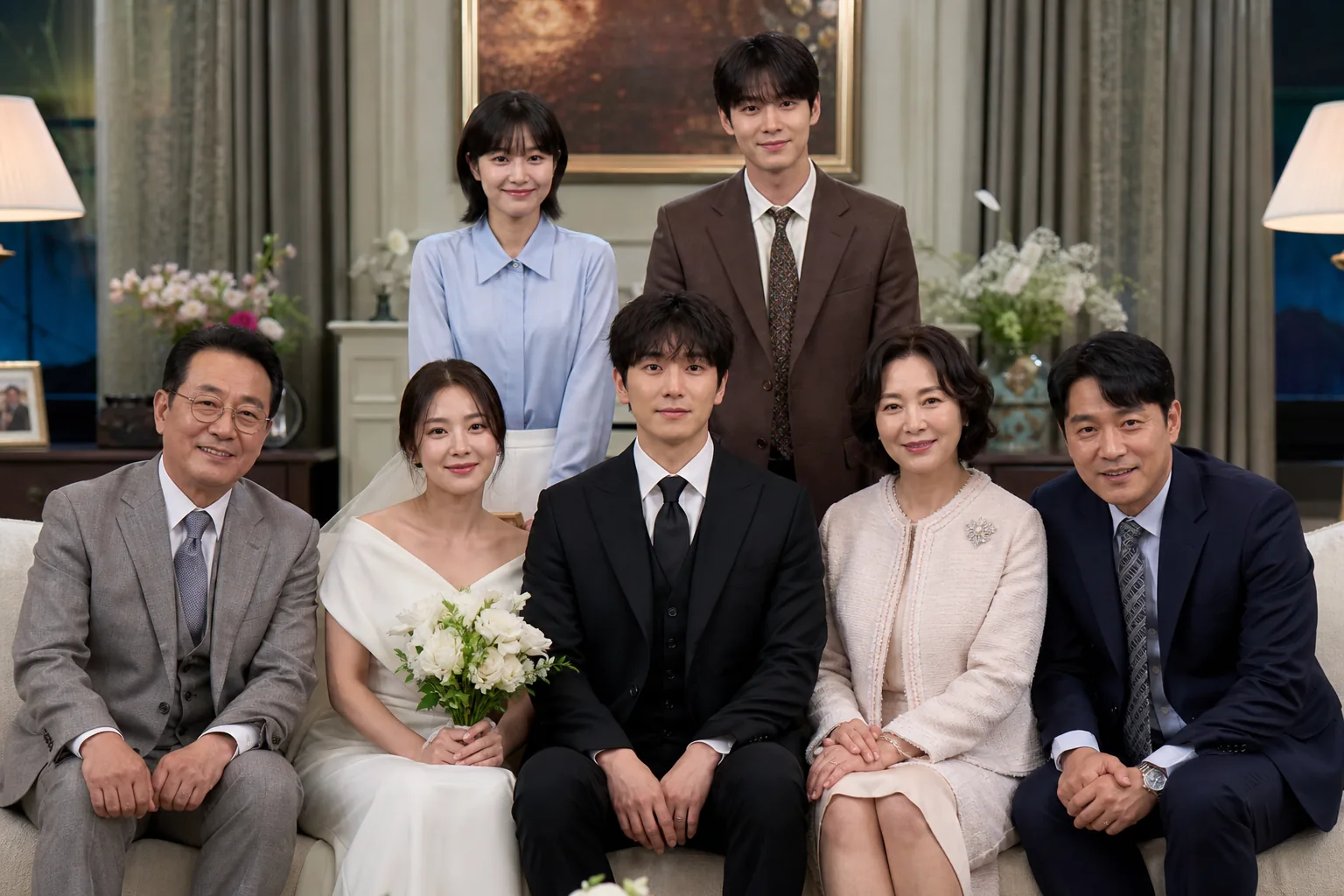 AI editorial image of a staged family photo setup for a Korean drama storyline