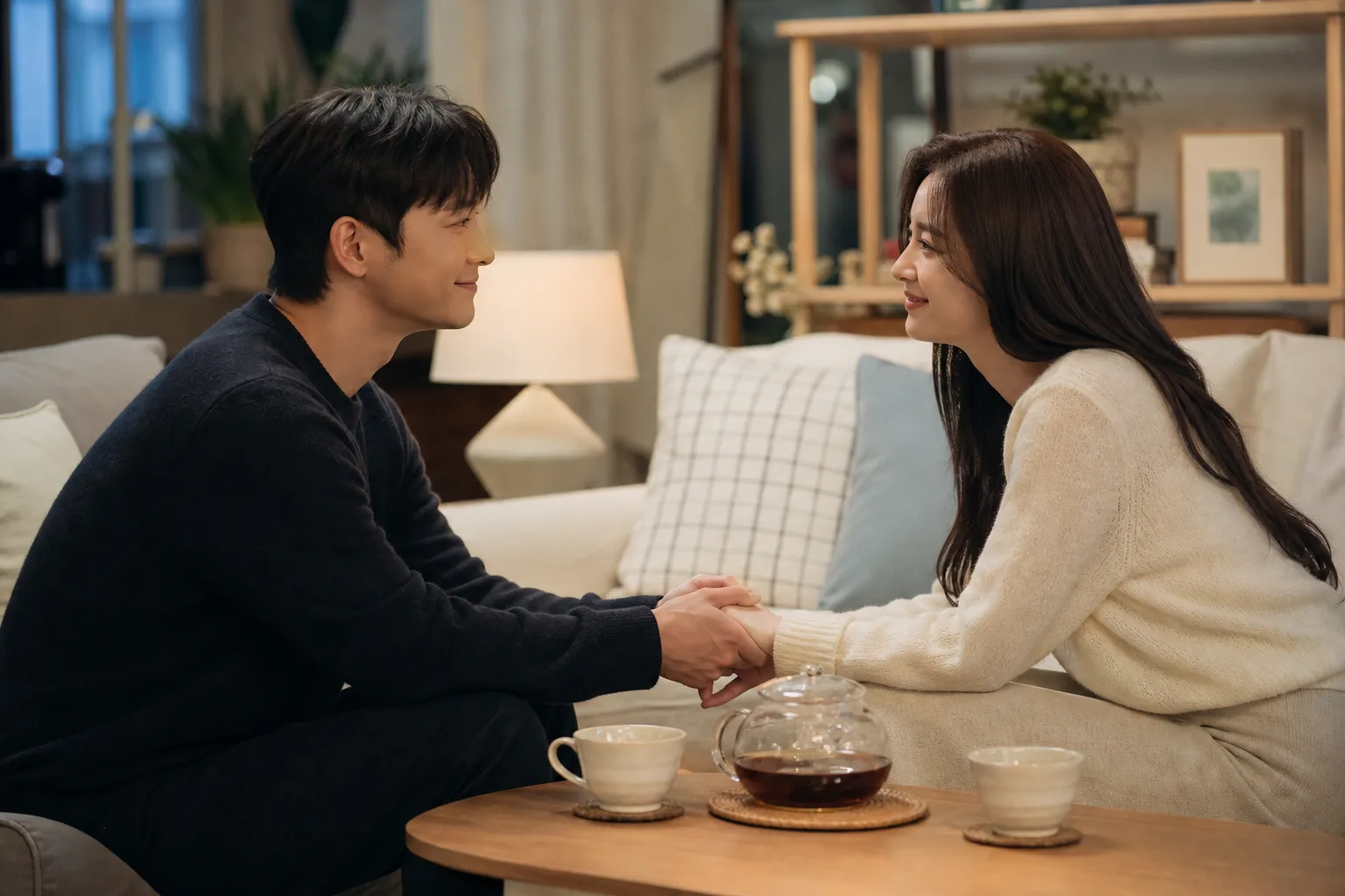 Korean romance drama characters sharing tea and a quiet conversation at home