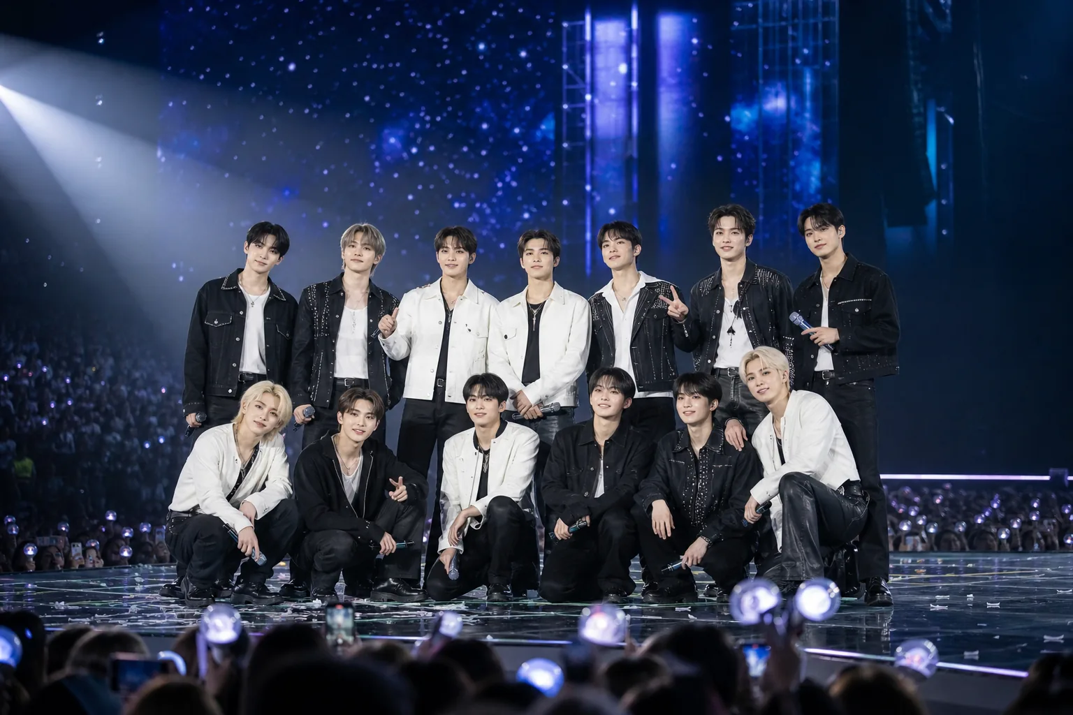 K-pop group contract renewal represented by a concert stage and planning documents