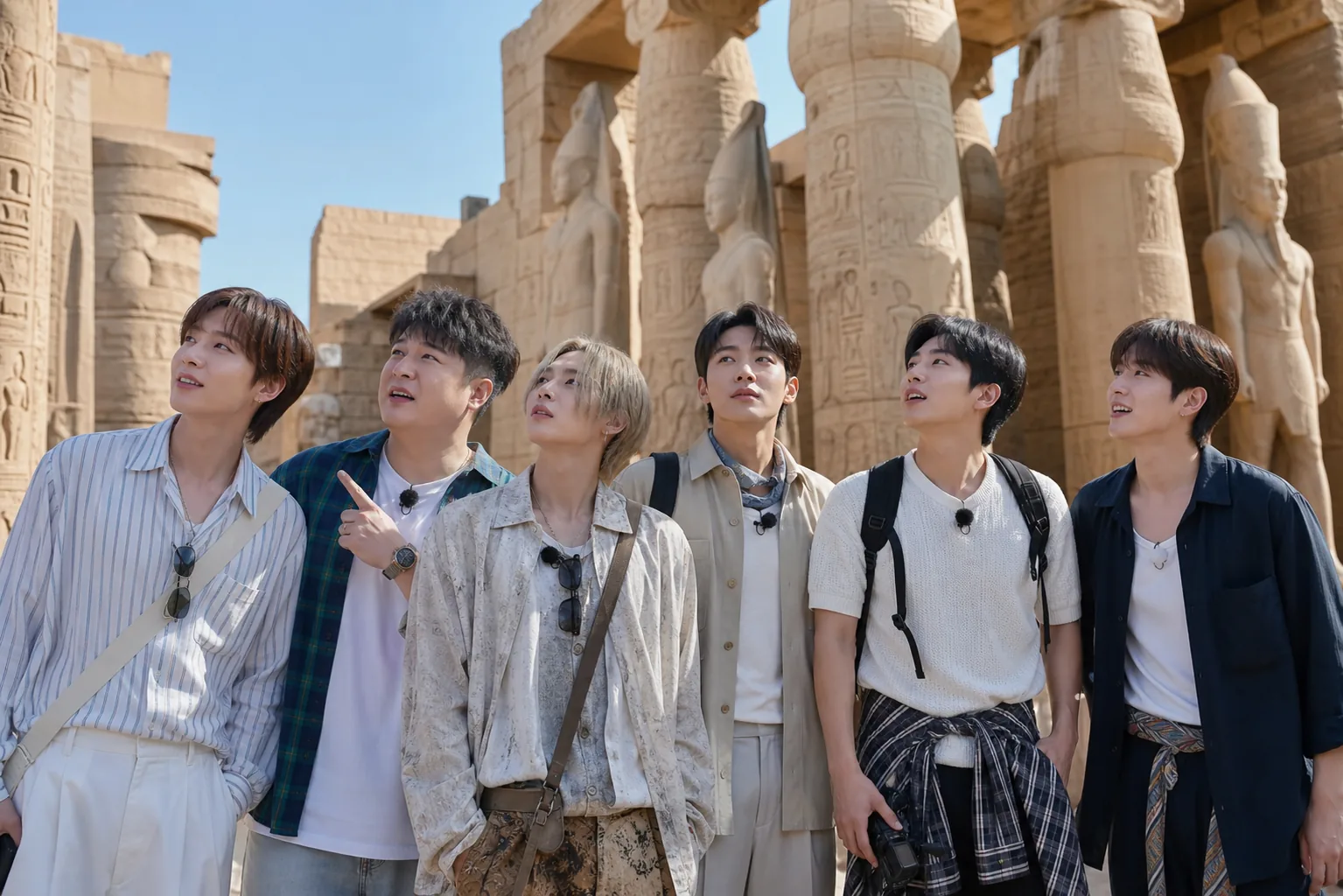 K-pop idols competing in an Egypt travel variety show setting