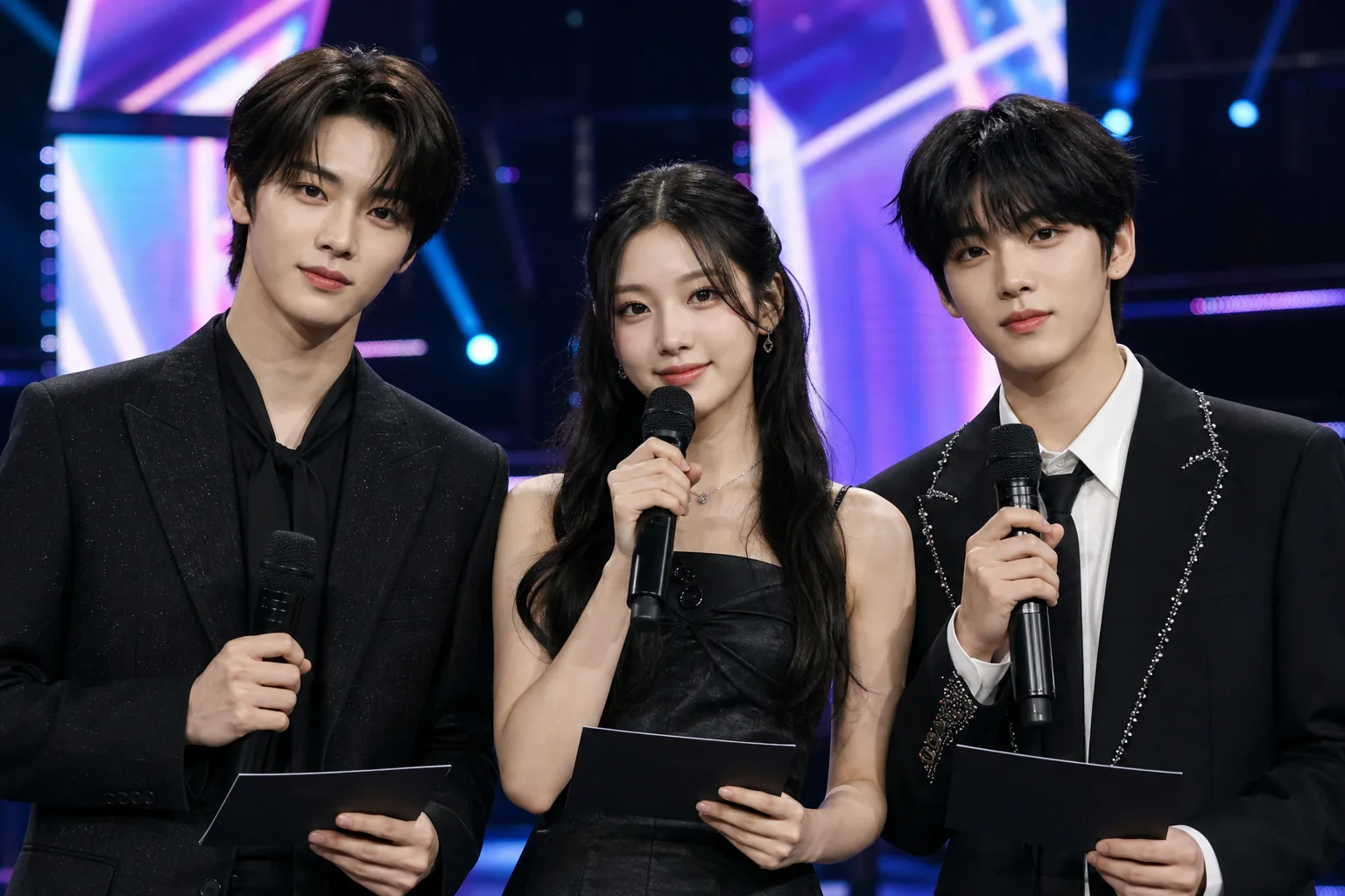 AI-generated K-pop awards stage with three MC podiums for SBS Gayo Daejeon Summer
