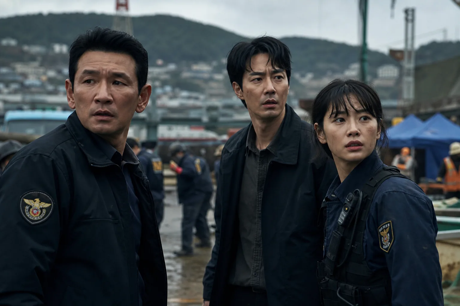 Korean survival thriller action atmosphere with police response and mysterious threat