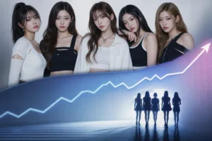 K-pop chart screen and concert lights representing RESCENE's Love Attack chart reversal