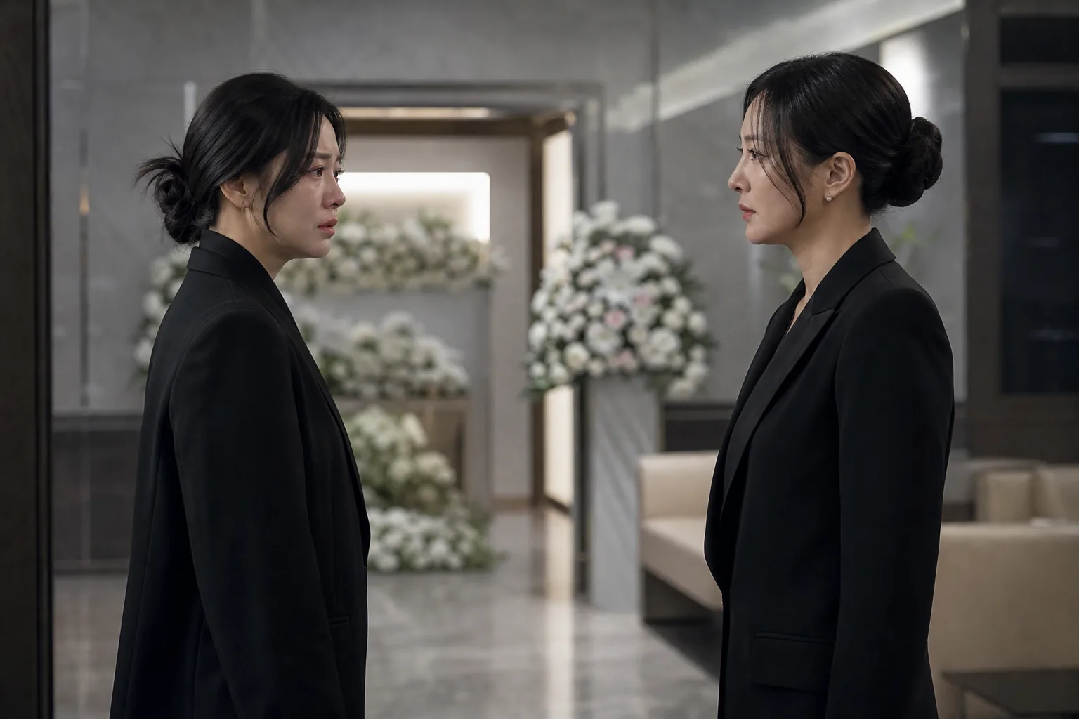 AI-generated image of a tense K-drama funeral home confrontation
