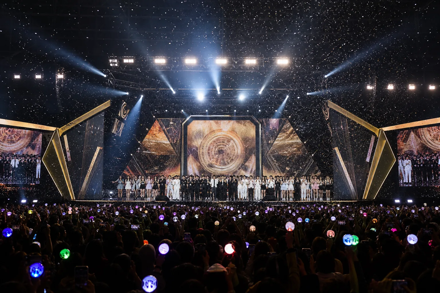 K-pop fans reacting to a mixed lineup of veteran and rookie performers