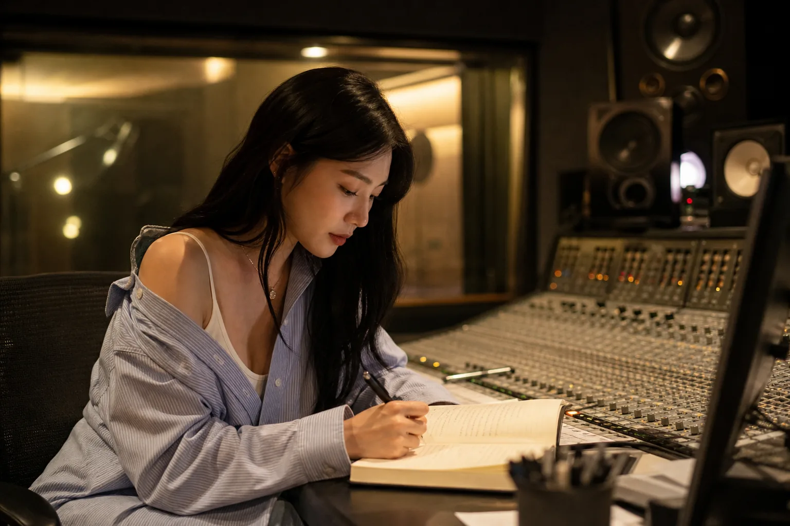 AI editorial image of a singer planning a full-length album in a modern studio