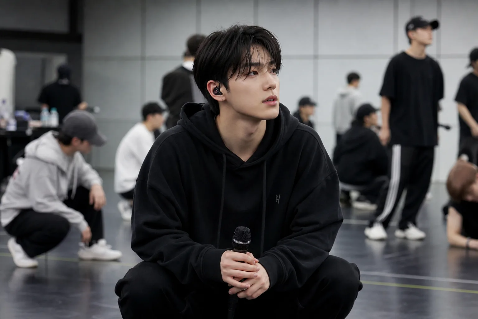 AI editorial image of K-pop group members in a serious backstage conversation