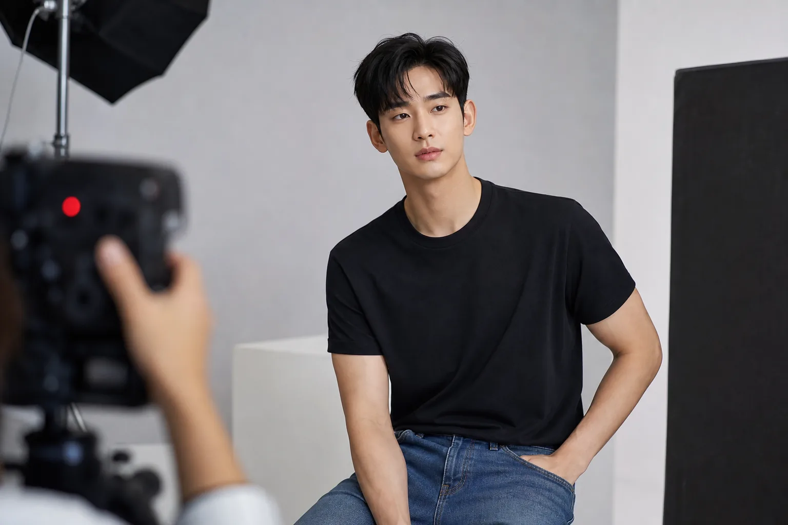 Editorial image of a modern fashion campaign studio for Kim Soo Hyun return coverage
