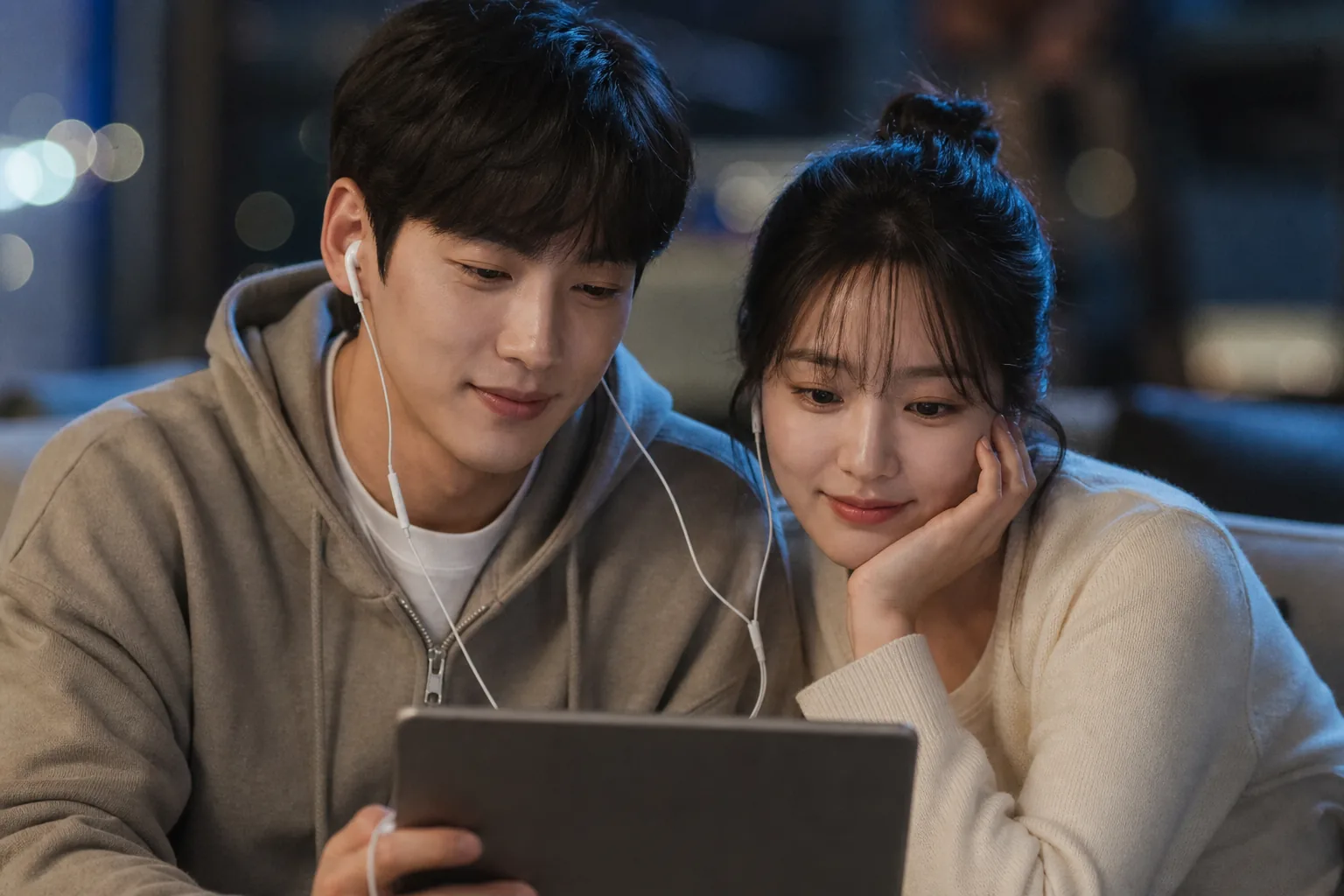 Romantic Korean drama set with cameras and city evening atmosphere