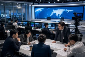 Korean broadcast studio representing KBS crisis management news