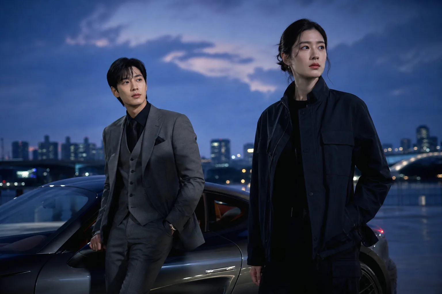 Stylized Korean crime drama detectives in a modern city setting