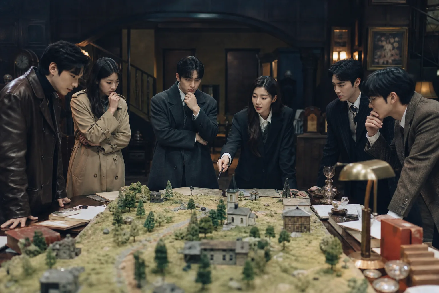 AI mystery deduction game show concept with celebrity suspects
