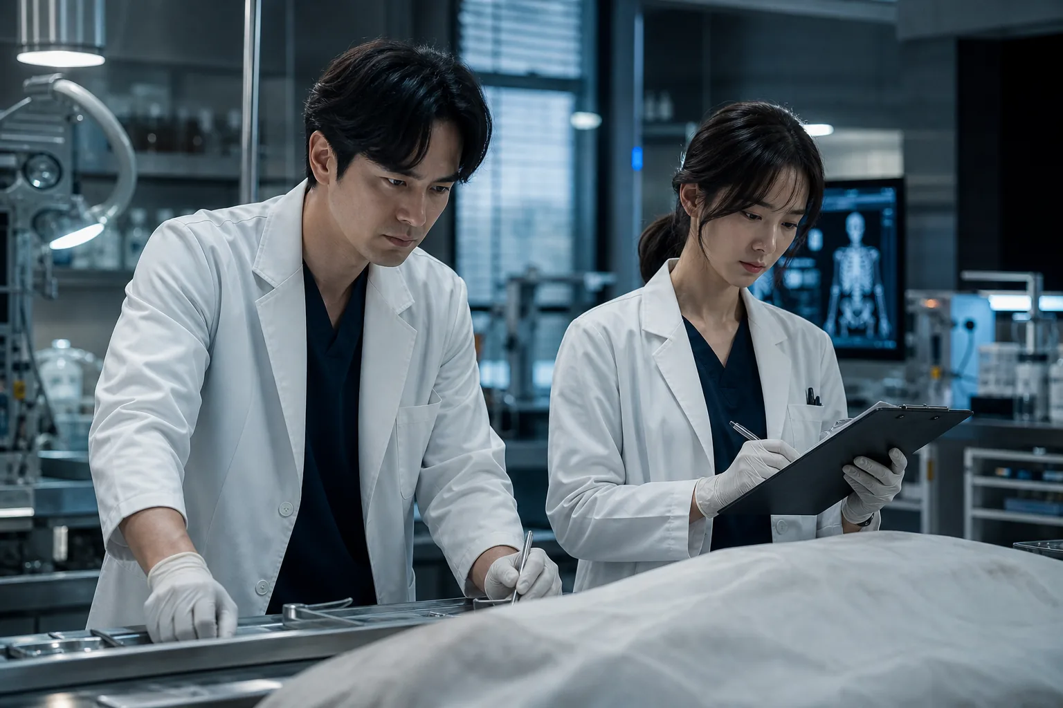 Forensic doctors examining evidence in Korean mystery drama remake