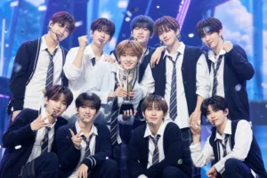 K-pop stage celebrating AHOF first music show win for RUN TO YOU