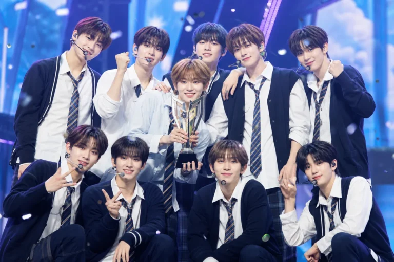 K-pop stage celebrating AHOF first music show win for RUN TO YOU
