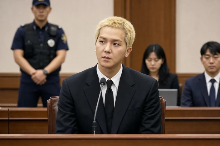 Courtroom setting representing Song Min Ho military service absence trial