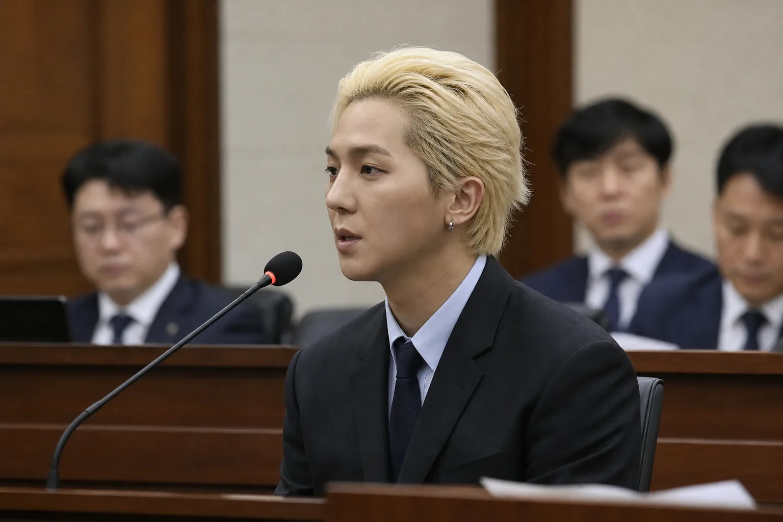 Neutral legal hearing scene about celebrity public service accountability