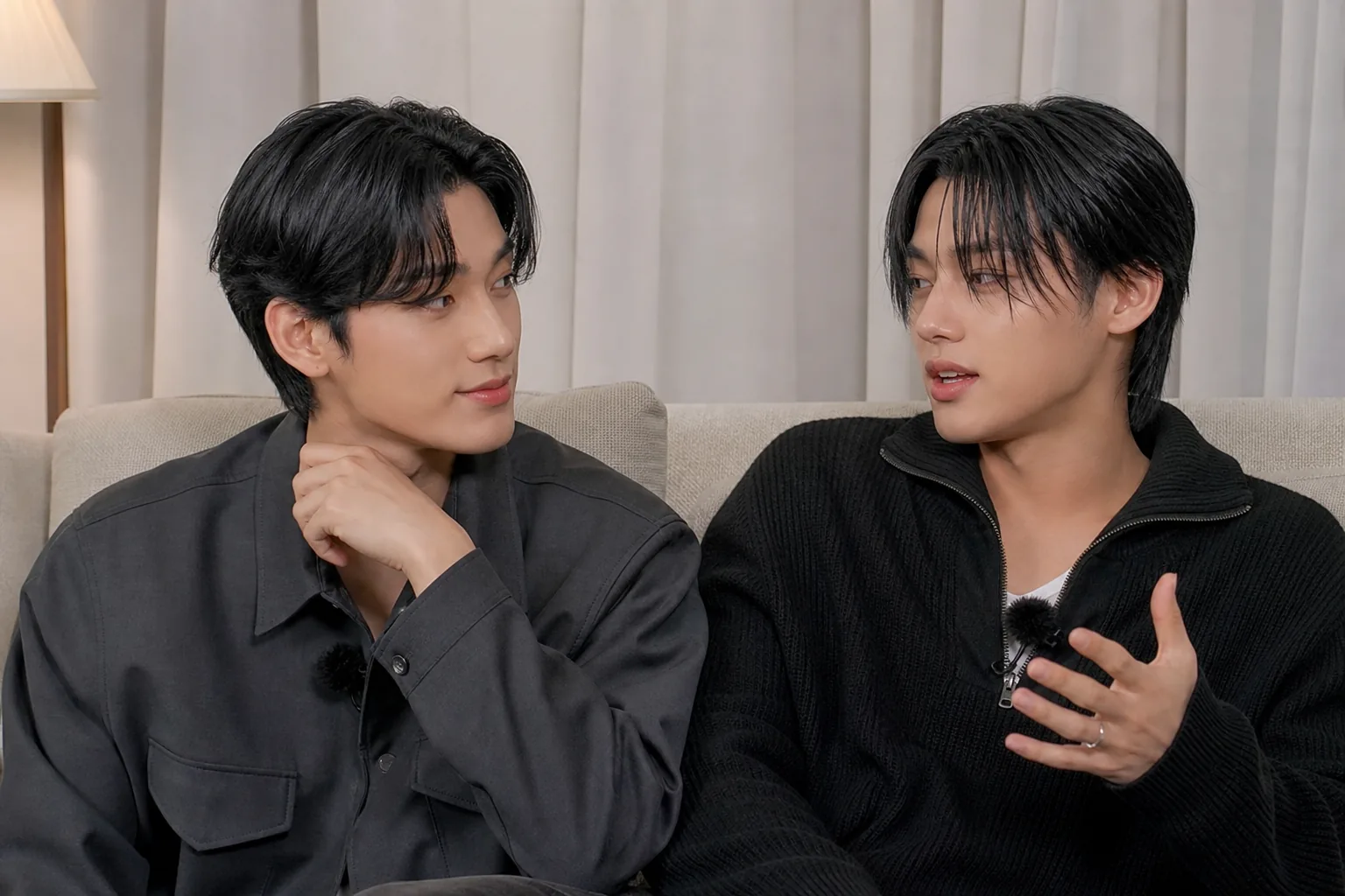 ATEEZ San and Wooyoung discussing friendship rumors on a video set