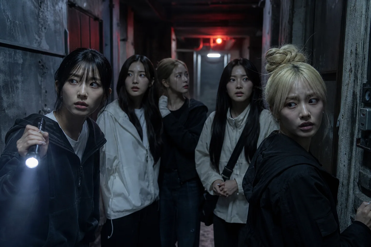 K-pop idols entering a dark horror variety show escape game setting