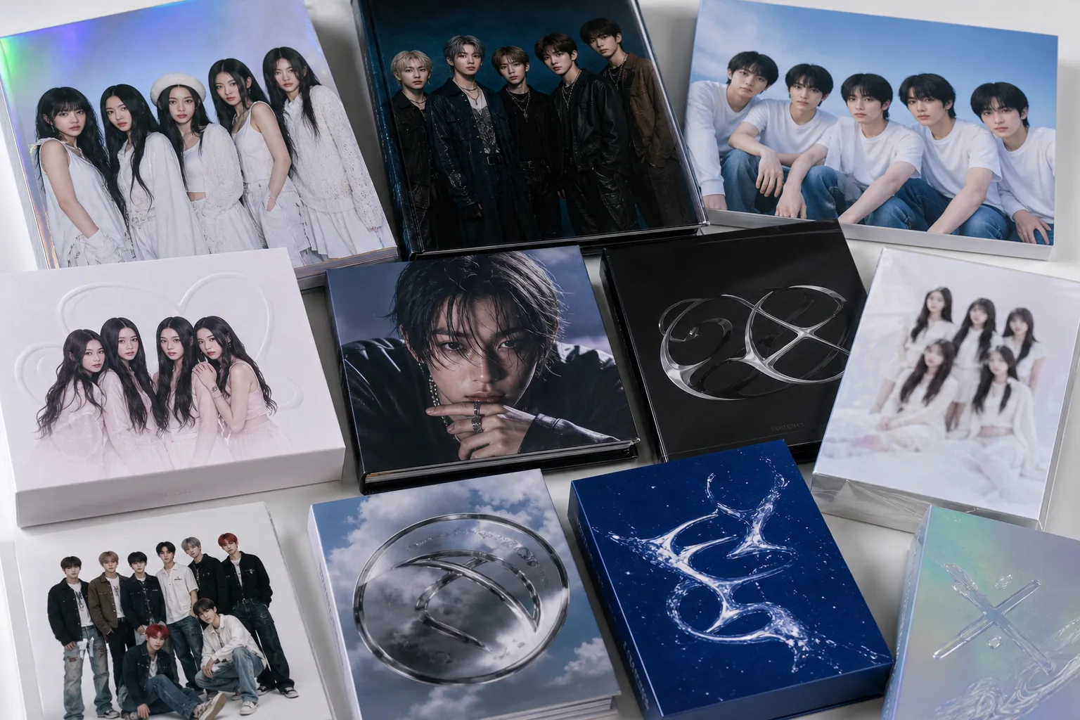 K-pop retail album shelves showing broad demand across girl groups boy groups and solo releases