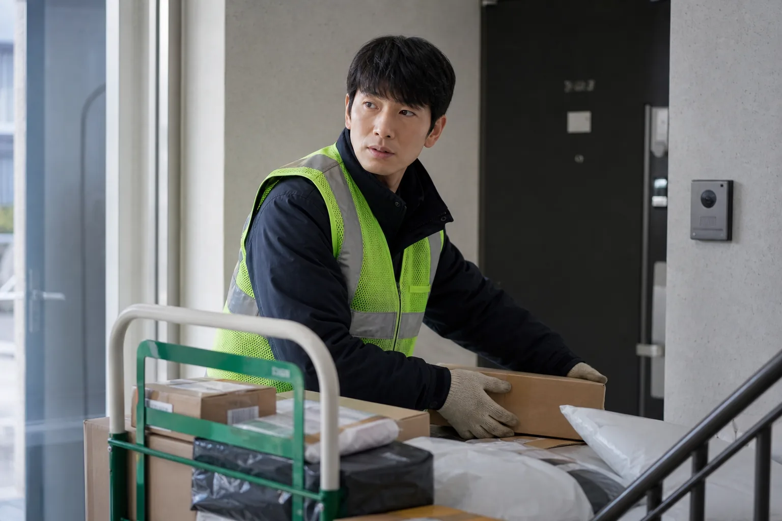 Apartment complex delivery route in Korean drama setting
