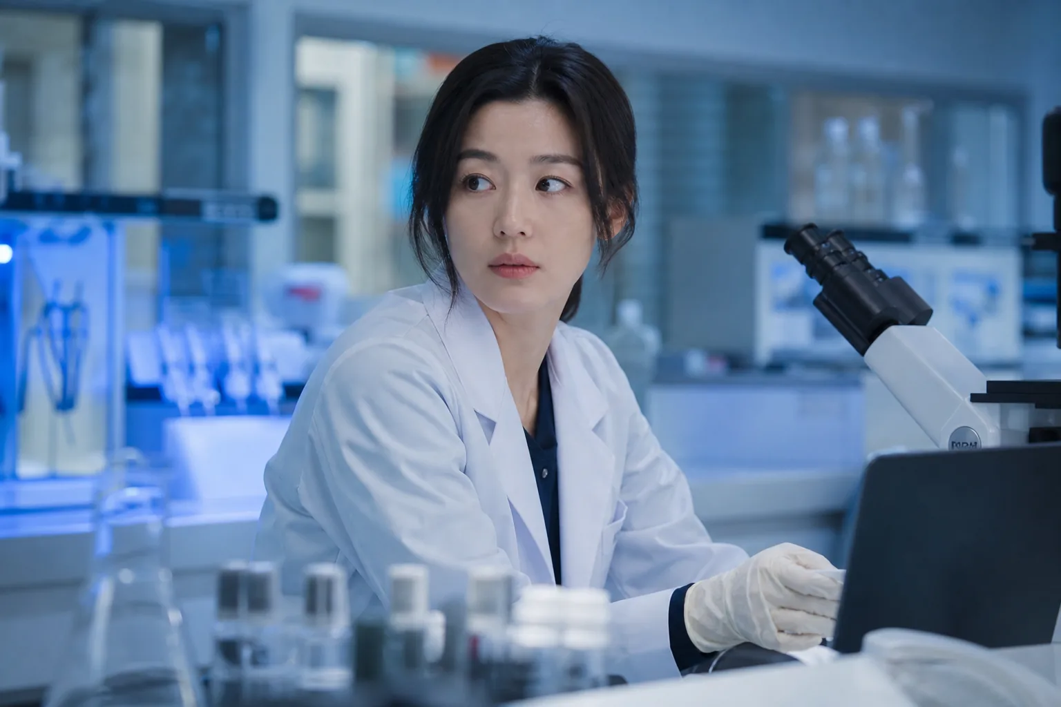 Korean actress reflecting after filming and practicing professional self-care