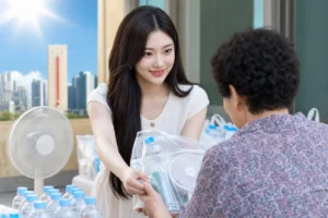 Cooling relief supplies for elderly Seoul residents during a summer heatwave