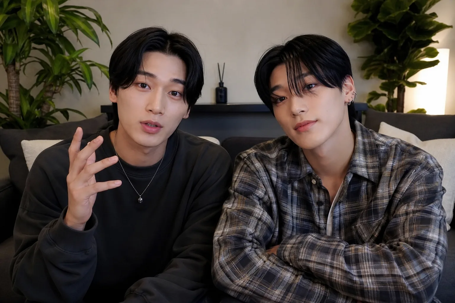 ATEEZ San and Wooyoung discuss friendship rumors in a studio setting