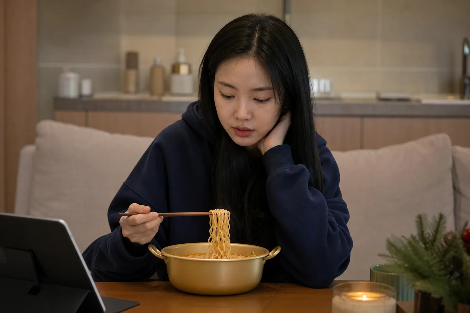Convenience store ramen moment reflecting Son Naeun strict routine