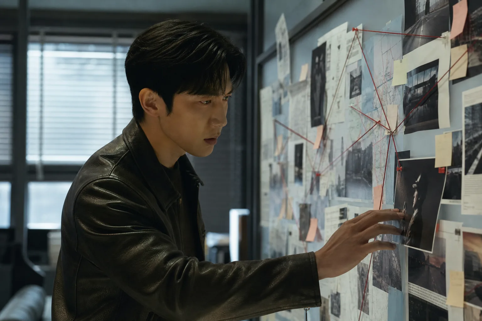 Korean action drama investigation scene about a husband closing in on a secret identity